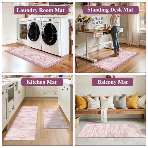 U'Artlines Kitchen Anti Fatigue Mats Sets of 2,Double-Sided Print Kitchen Mat Cushioned Comfort Standing Waterproof PVC Rugs,Pink Floral Rugs for Laundry Office Desk Sink(17"x28"+17"x47") - Thumbnail 6
