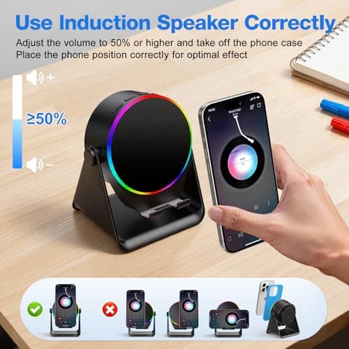 TARKARI Wireless Induction Speaker, 5 in 1 Bluetooth Speaker, 360° Rotation Cell Phone Stand and Colorful Ambient Light, Compatible with iPhone iPad Android Tablet, Birthday Gifts for Him Women Men - Thumbnail 3