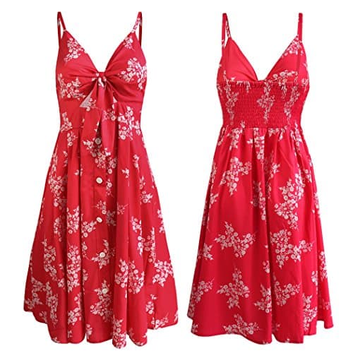 ECOWISH Women Summer Dresses Tie Front V-Neck Spaghetti Strap Button Down A-Line Backless Swing Midi Dress 809 Red XL - Thumbnail 5