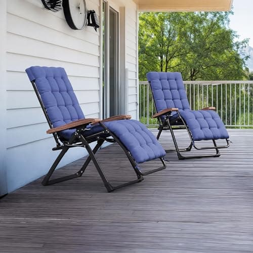 PURPLE LEAF Outdoor Reclining Chair Set of 2 Patio Zero Gravity Chaise Lounge Folding Chair with Removable Cushion Adjustable Headrest for Lawn Camping Beach Pool Navy Blue - Image 1