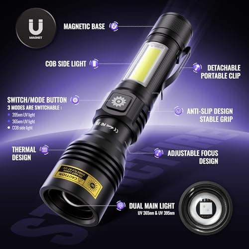 UV Flashlight 365nm & 395nm Dual Black Light, Powerful USB Rechargeable Ultraviolet LED Blacklight Woods Lamp, Focusable Portable Detector for Pet Urine Stains, Uranium Glass, Resin Curing(2 Pack - Thumbnail 2