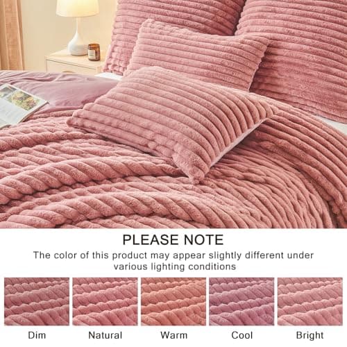 EMME Faux Fur Duvet Cover King Size, 3 Pieces Ultra Soft Fluffy Comforter Cover, Cozy Warm for Winter, Luxury Elegant Shaggy Striped Design Bedding, 1 Duvet Cover & 2 Pillow Shams (King, Old Pink) - Thumbnail 5