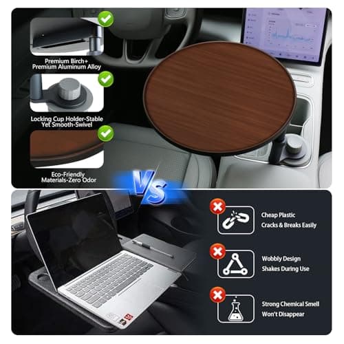 Lumlazni Car Desk for Laptop, Portable 360° Rotation Wooden Steering Wheel Tray (Cup Holder Mounted) for Food, Eating, Office, Compatible with Tesla Model Y/3 & Most Vehicles - Thumbnail 4