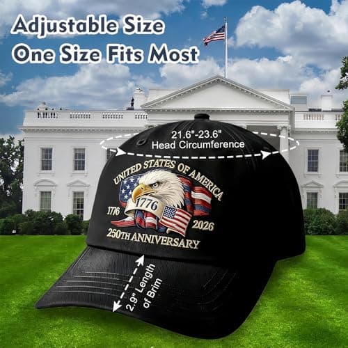 Bokauo 250 Anniversary USA Hat for Men Women,Printed Adjustable Baseball Cap,250th Years Gift Merchandise for Husband,Veteran (Black) - Thumbnail 2