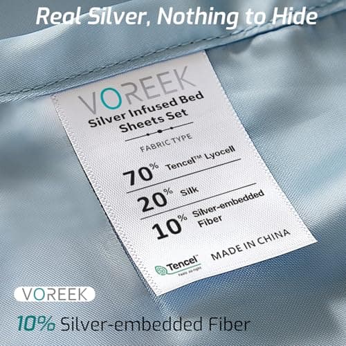 Silver Infused Bed Sheets - 20% Silk Blend Ultra-Soft Temperature-Regulating Fabric with Self-Cleaning that Stays Fresh 3X Longer for Hygienic Sleep (Light Blue, CK) - Thumbnail 4