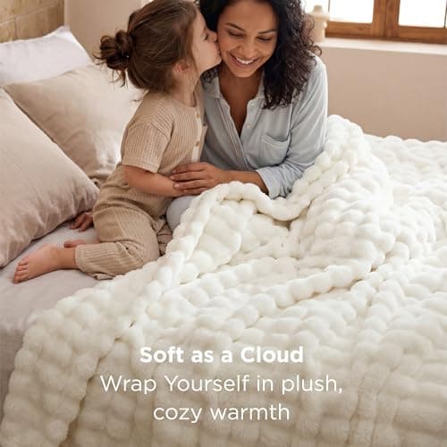 Bedsure 3D Bubble King Throw Blanket for Bed - White Soft Fluffy Blanket for Sofa Room Decor - Luxury Gifts for Women Girls, Lightweight, All Seasons, Off White, 108"×90" - Thumbnail 2