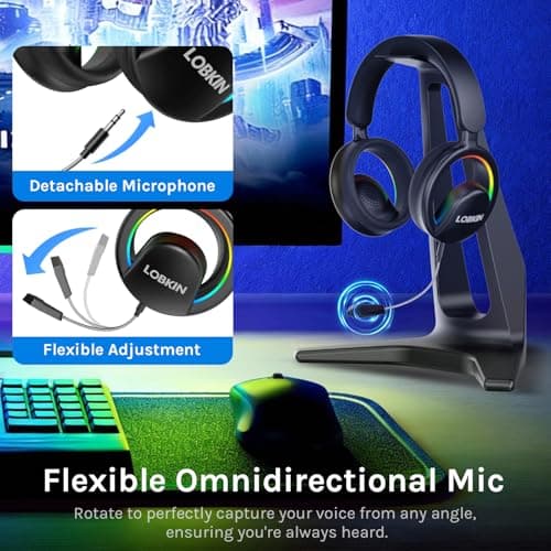 LOBKIN Open Ear Headphones, Bluetooth 6.0 Wireless Headset with Detachable Mic, Adjustable RGB Lights, Voice Assistant Comfortable Breathable Safe Lightweight Over Ear Headphones for Working Gaming - Thumbnail 3