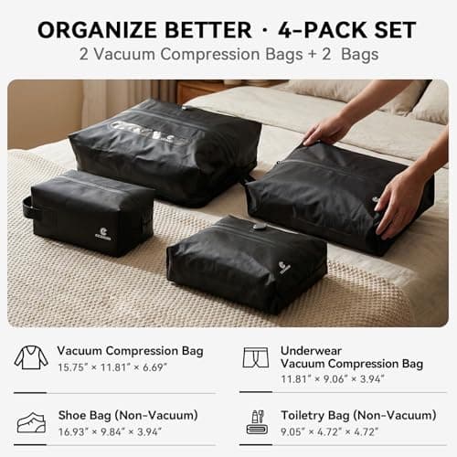 Vacuum Bags For Travel With Pump, 4-Pack Compression Organizer Set, Space-Saving For Carry-On Luggage, Includes Storage For Clothes, Shoes & Toiletries - Thumbnail 3
