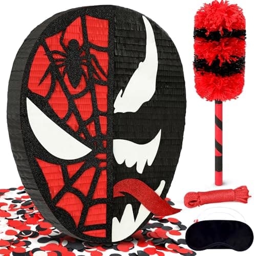 22 x 17.3“ Large Spider Pinata for Boys Birthday Party - 24" Bat Stick, Eye Mask, Rope - Sturdy & Easy to Fill Spider Web Piñata for Kids, Toddlers & Heroic Celebration Decor