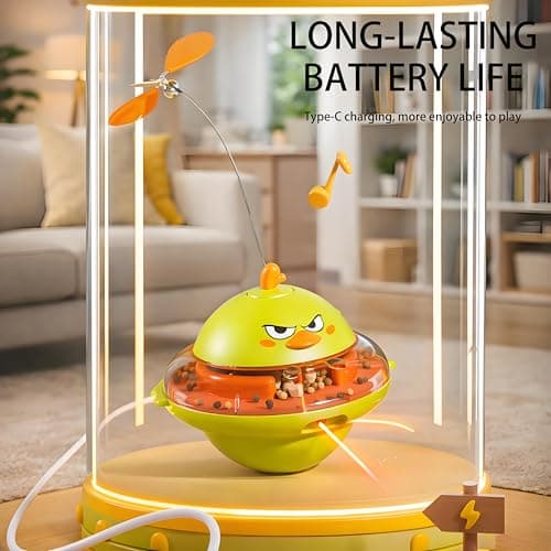 hooroor 4-in-1 Automatic Cat Toy Gift for Cat Owners, Interactive Laser & Feather Teaser with Bird Sounds, Treat Reward, Self-Balancing 360° Spinning Enrichment Exercise Toy for Bored Indoor Cats - Thumbnail 3