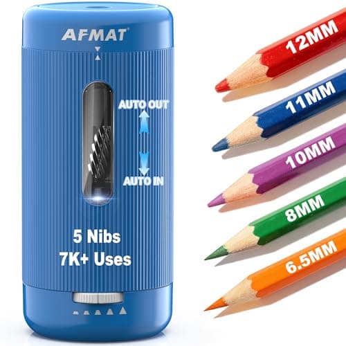 AFMAT Electric Pencil Sharpener, Auto in & Out, 5 Nibs, 7K+ Uses, Fully Automatic Classroom Pencil Sharpener, Rechargeable Hands-Free Sharpeners for Jumbo/Colored Pencils (φ6.5-12mm) PSC3(Sky Blue)