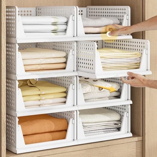 Pinkpum 5 Pack Stackable Plastic Storage Closet Organizers and Storage Bins Drawer Shelf Storage Container for Wardrobe Cupboard Kitchen Bathroom Office White - Image 1
