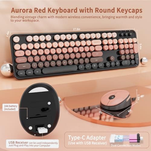 Nowlike Wireless Keyboard and Mouse Combo, Retro Typewriter Keyboard with Round Keycaps, Full-Size Ergonomic, Aurora Red, Ideal for Windows PC, Home, Office, and College - Thumbnail 6