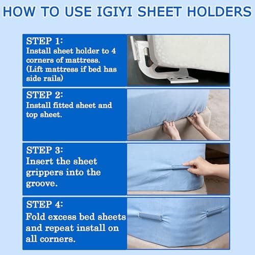 IGIYI Bed Sheet Holders for Corners, 4 Pcs Lock Fitted Sheet Holder Fastener & Bed Sheet Grippers, White Non-Slip Heavy Duty Clips to Keep Sheets Tight, Fits All Mattress Easy Installation - Thumbnail 5