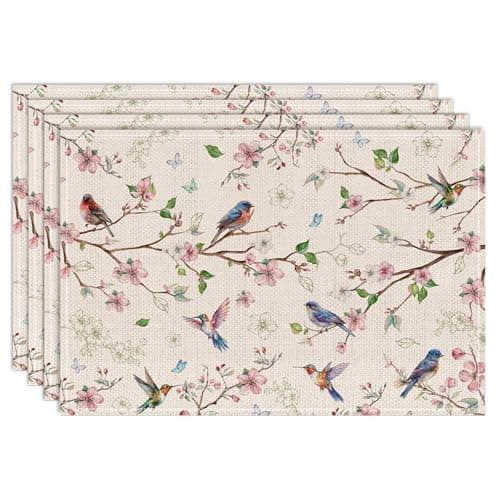 Cusugbaso Spring Placemats Set of 4 12x18 inch for Dinning Table - Floral Bird Branch Spring Decor for Party, Dinner - Farmhouse Seaosonal Table Mats Floral Decroations for Home - Image 1
