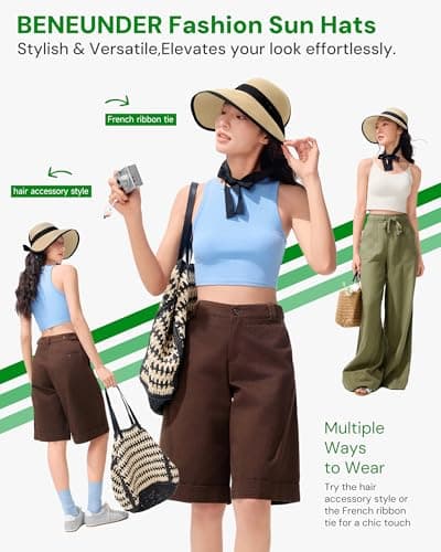 BENEUNDER Sun Visors for Women UPF50+ Foldable Wide Brim Straw Hats Packable Summer Ponytail Beach Hats for Travel - Thumbnail 3