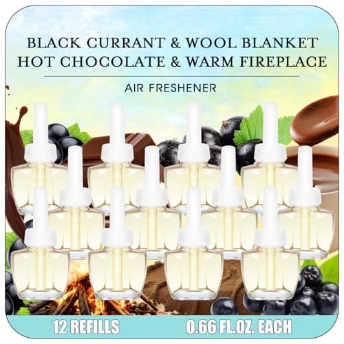 Plug In Air Freshener Refills, Black Currant, Wool Blanket, Hot Chocolate, Warm Fireplace, Wall Plug In Refills for Home, 7.92 Fl Oz, 12 Count, Compatible with Air Wick & Glade, Not Include Glade Plus