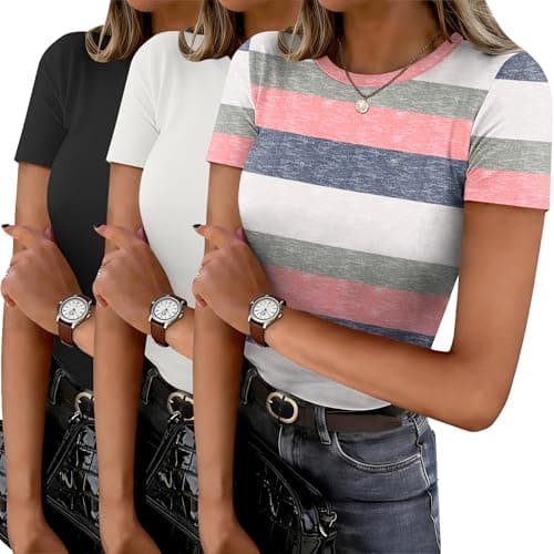 Ekouaer Womens Short Sleeve Tops Summer Shirts Slim Fitted Basic Tees Clothes Black/White/Striped Pink Blue S - Image 1