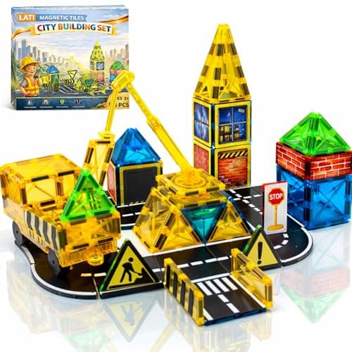 LATI Construction Magnetic Tiles City Set for Kids, Double-Sided Day & Night Building Blocks with Crane, Roads & Traffic Signs, STEM Learning Toy, Compatible with Other Brands, Ages 3–8