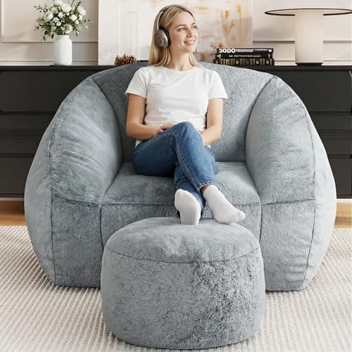 lilanoon Bean Bag Chairs with Ottoman for Adults, Comfy Beanbag Chair with High-Resilience Foam, Oversized Bean Bag Sofa with Soft Faux Fur Fabric, Bean Bag Chair for Living Room,Bedroom,Light Grey - Thumbnail 3