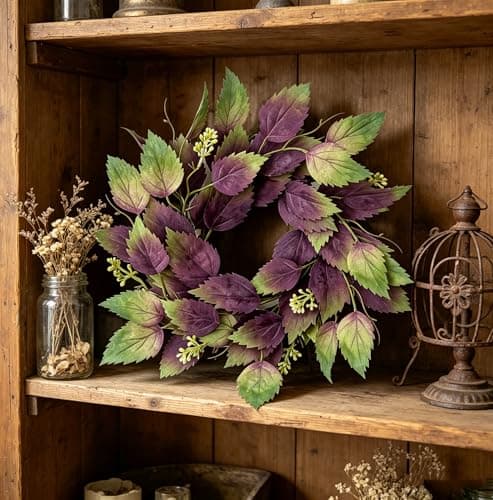2 Pcs 16" Purple Hibiscus & Eucalyptus Leaf Wreath - Artificial Greenery Candle Ring Wreath for Front Door, Porch, Window, Farmhouse & Home Holiday Decor - All Season Wreath - Thumbnail 5
