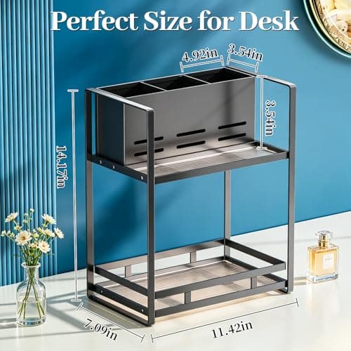 SanDream Hair Tool Organizer Bathroom Countertop, 2-Tier Metal Bathroom Organizer with Blow Dryer Holder, Large Capacity Space-Saving Vanity Shelf for Perfume, Skincare & Makeup Storage (Black) - Thumbnail 2