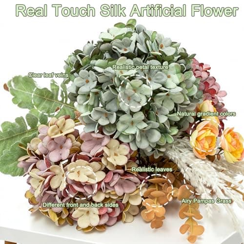 Lune cle Hydrangea Artificial Flowers Bouquet, Pre-Arranged Fake Flowers Bouquet with Ranunculus, Eucalyptus, Pampas, Real Touch Silk Flowers for Centerpiece Shelf Table Wedding Home Decor - Thumbnail 4