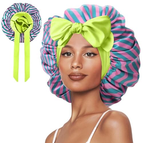 Vettres Satin Bonnet for Curly Hair Silk Sleeping Bonnets Double Layer Satin Bonnet with Tie Hair Cap for Sleep Red Green Stripes - Image 1