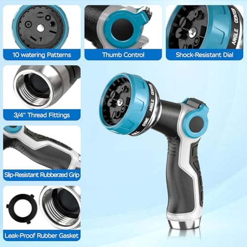 Heavy Duty Garden Hose Nozzle - 10 Spray Patterns, Thumb Control Water Pressure, Semi-Metal Construction Ergonomic Anti-Slip Handle, hose nozzle for Watering Plants, Car Wash, Pet Shower - Thumbnail 3