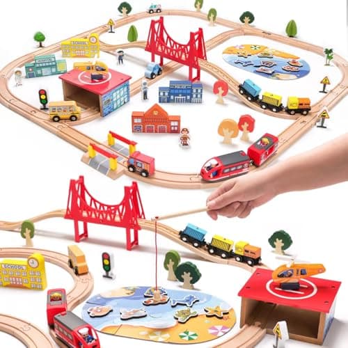 TradeWings 118PCS Wooden Train Set, City Railway Playset with Electric Train & Fishing Game, Compatible with Major Brands, Ideal Gift for Kids Ages 3-8 Boys Girls - Image 1