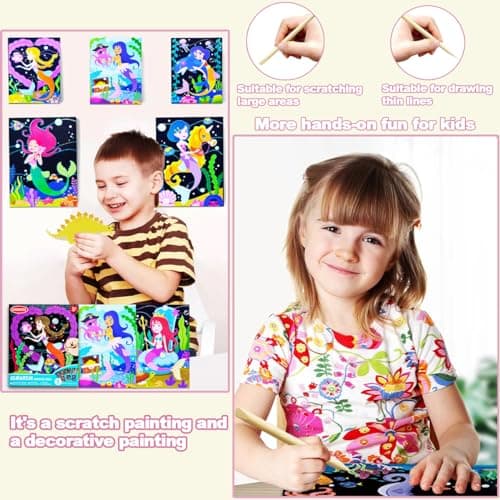 BAOXUE Scratch Art for Kids, Mermaids Black Rainbow Scratch Paper Set-Arts And Crafts & Supplies, DIY Activity & Party Games, Mermaid Toys Gifts for Toddlers, Girls - Thumbnail 6