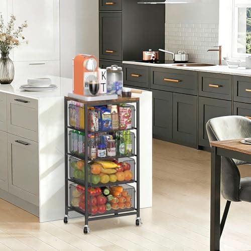 SUNALLY Rolling Kitchen Cart with Drawers, 4-Tier Utility Cart Fruit Vegetable Storage Cart with Lockable Wheels, Wooden Top Metal Kitchen Storage Organizer for Cans, Snacks, Beauty, Craft, Art, Black - Thumbnail 4