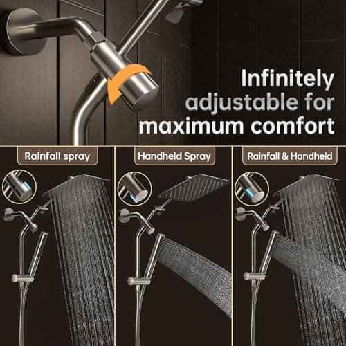 Veken 10" Luxurious Brushed Nickel All Metal Rain Shower Head with Handheld Spray Combo, High Pressure Rainfall Square Shower Heads with Extension Arm, Wide Dual Showerhead, Bathroom Accessories - Thumbnail 6