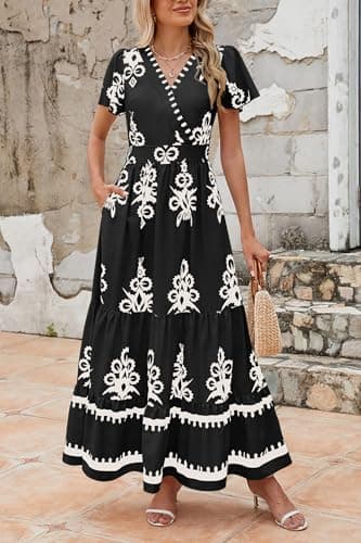 PRETTYGARDEN Womens 2026 Summer Casual V Neck Boho Maxi Dress Flowy Aline Bell Sleeve Tiered Floral Dresses with Pocket (Floral Black White,XX-Large) - Thumbnail 3