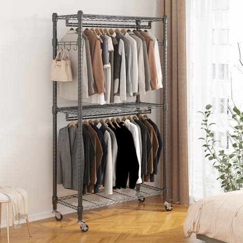 BATHWA Rolling Tall Garment Rack with 2 Rods & 3-Tier Adjustable Shelves, 35.5" W x 16.5" D x 80.7" H, Heavy Duty Clothes Hanging Racks Portable Wardrobe Closet Organizer for Bedroom, Laundry, Black - Thumbnail 2