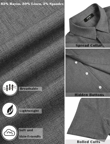LETSEE Mens Hawaiian Shirt Beach Summer Short Sleeve Button Down Linen Casual Shirts Wedding Vacation Outfit, Dark Grey, 4X-Large - Thumbnail 5
