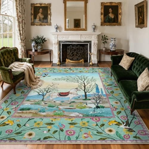 LIVEBOX Washable 8x10 Rug for Living Room, Non-Slip Horse Jungle Floral Artistic Area Rug, Western Nature Kids Girls Rugs for Bedroom Nursery, Luxury Carpet for Dining Room (Green, 8x10) - Image 1