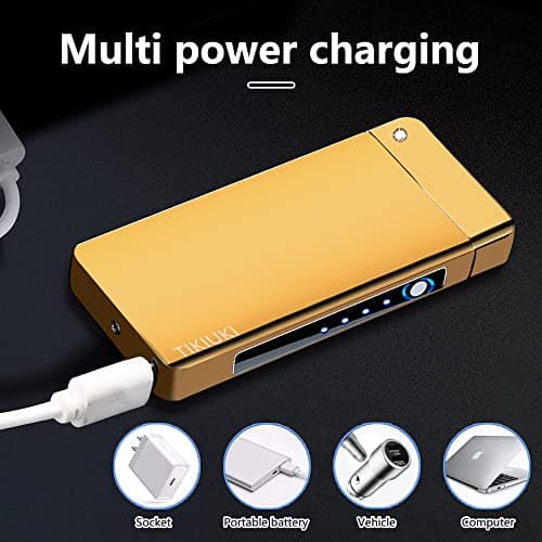 TIKIUKI Electric Lighter Rechargeable, Windproof Arc Lighter USB Plasma Lighters with Visual Battery, Cool Vintage Lighters Custom Design, Zinc Alloy Body for Outdoor Camping Candle Gift（Gold） - Thumbnail 2