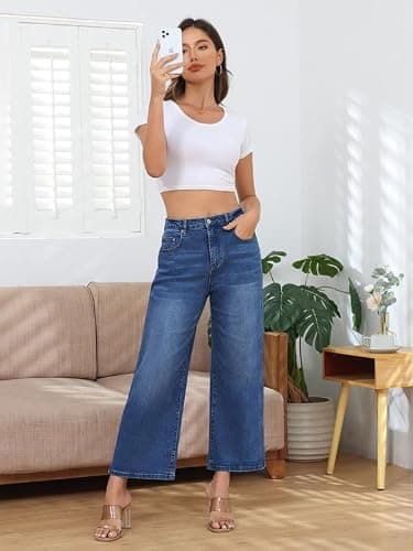 Genleck Women's Wide Leg Jeans – Trendy Cropped Loose Jeans High Waisted Stretchy Capri Denim Pants Baggy Trousers 2024(Marines Blue, 12) - Thumbnail 3