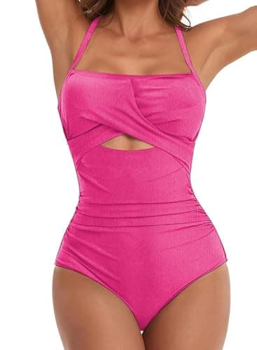 Dokotoo One Piece Bathing Suit for Women 2026 Summer Adjustable Spaghetti Straps Front Cutout Monokini Solid Color Bodysuit Swimsuit Vaction Tummy Control Beach Wear Rose Red Small - Image 1