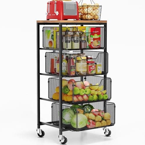 Goovilla Kitchen Cart with Drawers, 4 Tier Metal Rolling Utility Cart Organizer on Lockable Wheels with Wooden Top, Black Fruit Vegetable Storage Rack Also for Cans, Snack, Craft, Art, Office, Beauty - Image 1