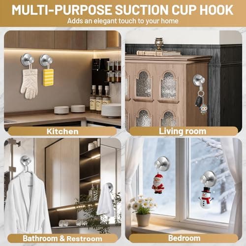 Fenas Large Suction Cup Hooks, Heavy Duty 15lb Holds Towel & Robe, No-Drill Shower Bathroom Hooks for Tile Wall Glass Mirror, Mounts on Smooth Non-Porous Surfaces (2 Pack, Brushed Nickel) - Thumbnail 4