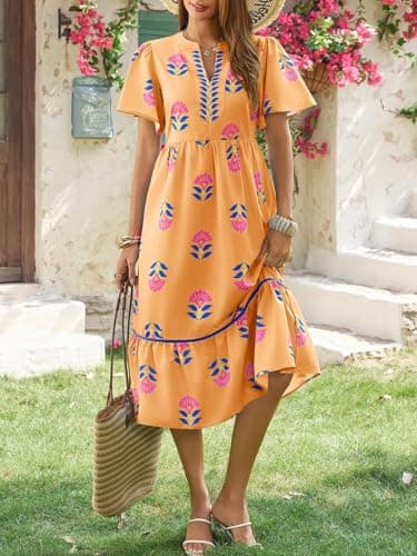 Wenrine Womens Summer Floral Midi Dress Casual Short Sleeve V Neck Flowy Ruffle Boho Beach Sundress with Pockets Orange - Thumbnail 3