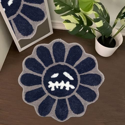 Shovagy Trippy Happy Face Rug Cool Rugs Tufted Quick Dry Bath Mats for Bathroom Non Slip Bath Mat Water Absorbent 2.6FT Navy Blue Bathroom Rugs Halloween Gothic Ghost Skull Horror Decor Carpet - Image 1