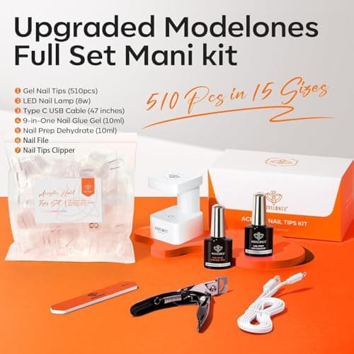 modelones X Nail Gel Kit Almond, Upgrade 15Sizes Fake Nails, 9-in-One Glue Dehydrator & Mini U V Light Clipper, 510Pcs Medium Almond Press on Tips for Extension DIY Salon Home Gift - Thumbnail 5