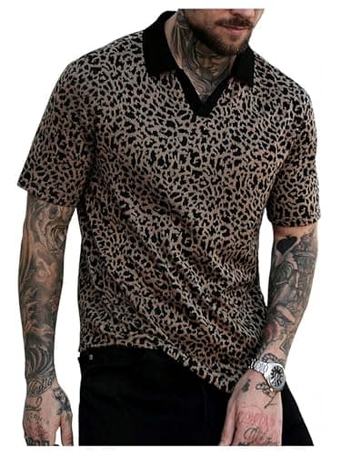 SOLY HUX Men's Leopard Cheetah Print Golf Shirts Short Sleeve Vintage Collared V Neck Summer Knitted Casual Shirt Khaki Leopard X-Large - Image 1