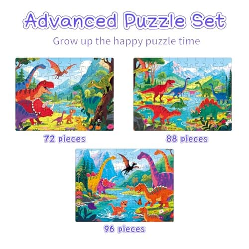NurtureNook Dinosaur Puzzles for Kids Ages 4-6 3-5, Progressive Jigsaw Puzzle Set (72, 88, 96 Pieces), 3-in-1 Educational Learning Montessori Toys for Boys & Girls, Birthday Gift with 3 Storage Boxes - Thumbnail 4