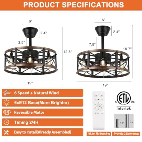 SHLUCE 19" Farmhouse Fandelier Ceiling Fan with Light, Caged Bladeless Ceiling Fans with Lights and Remote, Modern Small Enclosed Ceiling Fans with Lights for Living Room, Bedroom, Black - ETL - Thumbnail 3