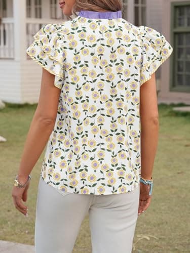 Tankaneo Womens Ruffle Sleeve Floral Blouses Summer Dressy Casual V Neck Tops Loose Fit Pleated Flowy Shirts Yellow - Thumbnail 5