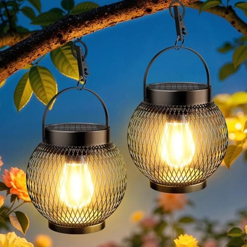 Solar Lanterns Outdoor Waterproof, Upgraded Hanging Solar Lights for Outside, Metal Solar Hanging Lanterns with Clip, Solar Powered Lantern for Patio Porch Garden Decor, 2 Pack - Image 1